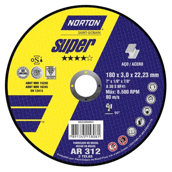 DISCO CORTE FERRO 180 X 3 X 22,23MM 7 X 1/8 X 7/8 NORTON