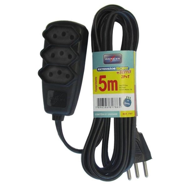 EXTENSAO  5M 3 TOMADA TRIPOLAR PRETA