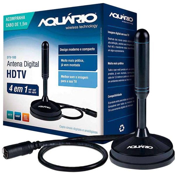 ANTENA INTERNA DIGITAL AQUARIO DTV-00 UHF/VHF/FM CABO COM 2,5M